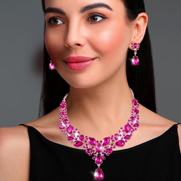 Bridal Teardrop Crystal Jewelry Set Necklace Earrings for Women Wedding Elegant - Picture 6 of 6